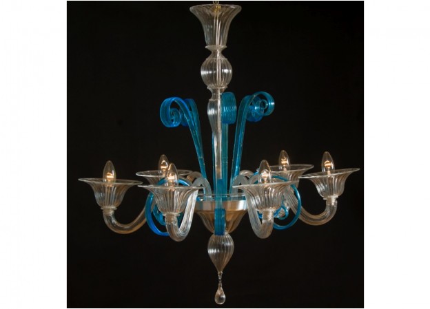 Produzione lampadario artigianale veneziano ACQUAMARINA lavorazione vetro di Murano originale